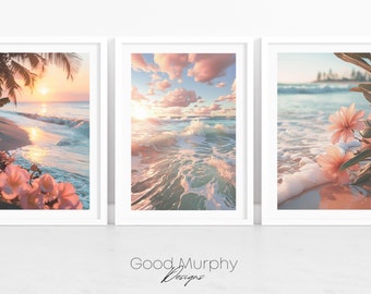 Pastel Beach Set of 3 Digital Prints AI Interior Design Generative Art Pink Neutral Color Palette Teen Gifts Home Decor BEACH LOVER!!!