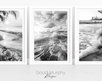 Black & White Beach Trio - Instant Digital Download, Popular Sizes, Timeless Decor!