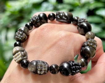 Bracciale elastico Pixiu in ossidiana dorata, pietra curativa per la protezione e la ricchezza del Feng Shui