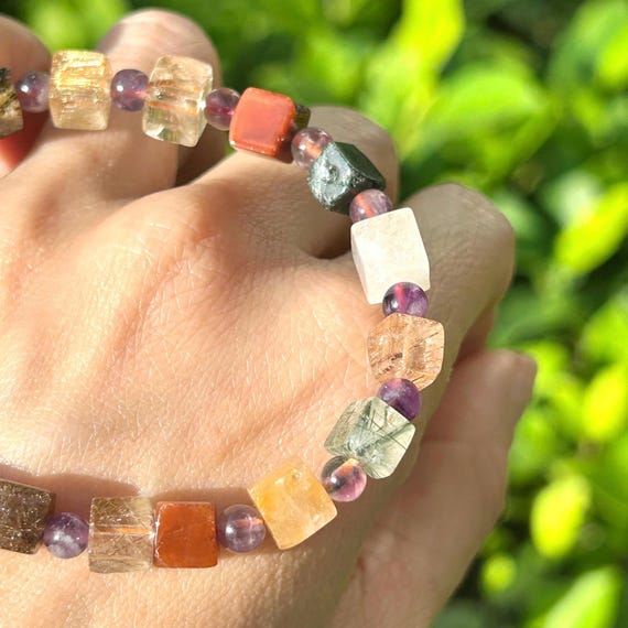 Handmade Multi-Rutilated Quartz Cube Elastic Stre… - image 8