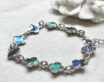 アワビ貝の四つ葉のクローバーシルバーメッキブレスレット