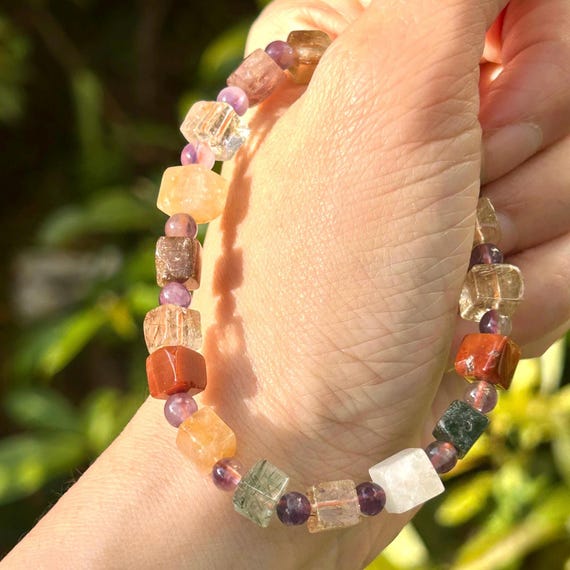 Handmade Multi-Rutilated Quartz Cube Elastic Stre… - image 4