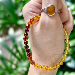 Gyllene & Blodig Naturlig Bärnsten Ombré Elastiskt Armband Med En Justerbar Försilvrad Bärnstensring