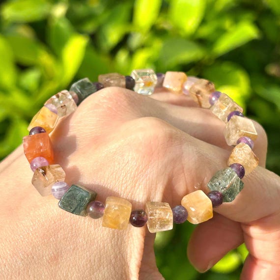 Handmade Multi-Rutilated Quartz Cube Elastic Stre… - image 1