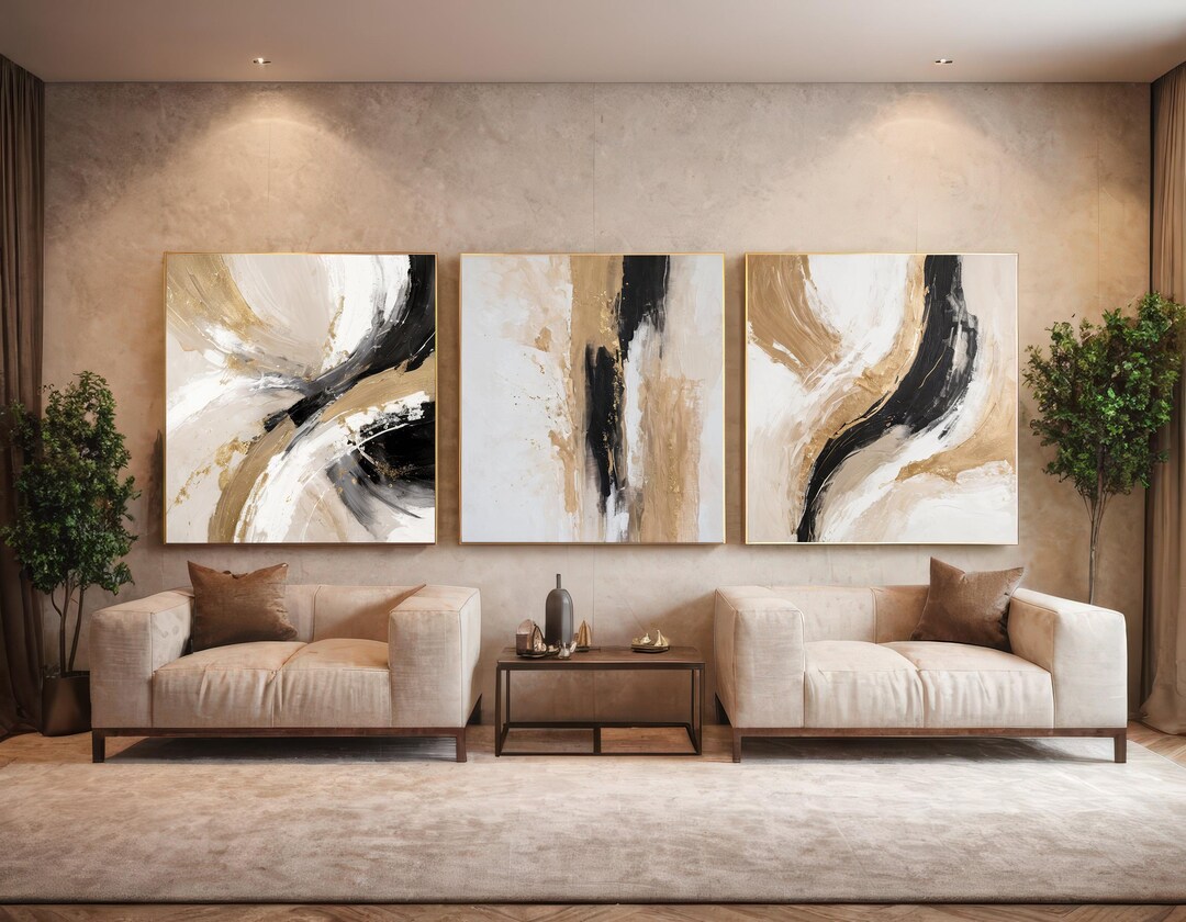 Contemporary Abstract Wall Art Set of 3: Beige Gold and Black Printable ...