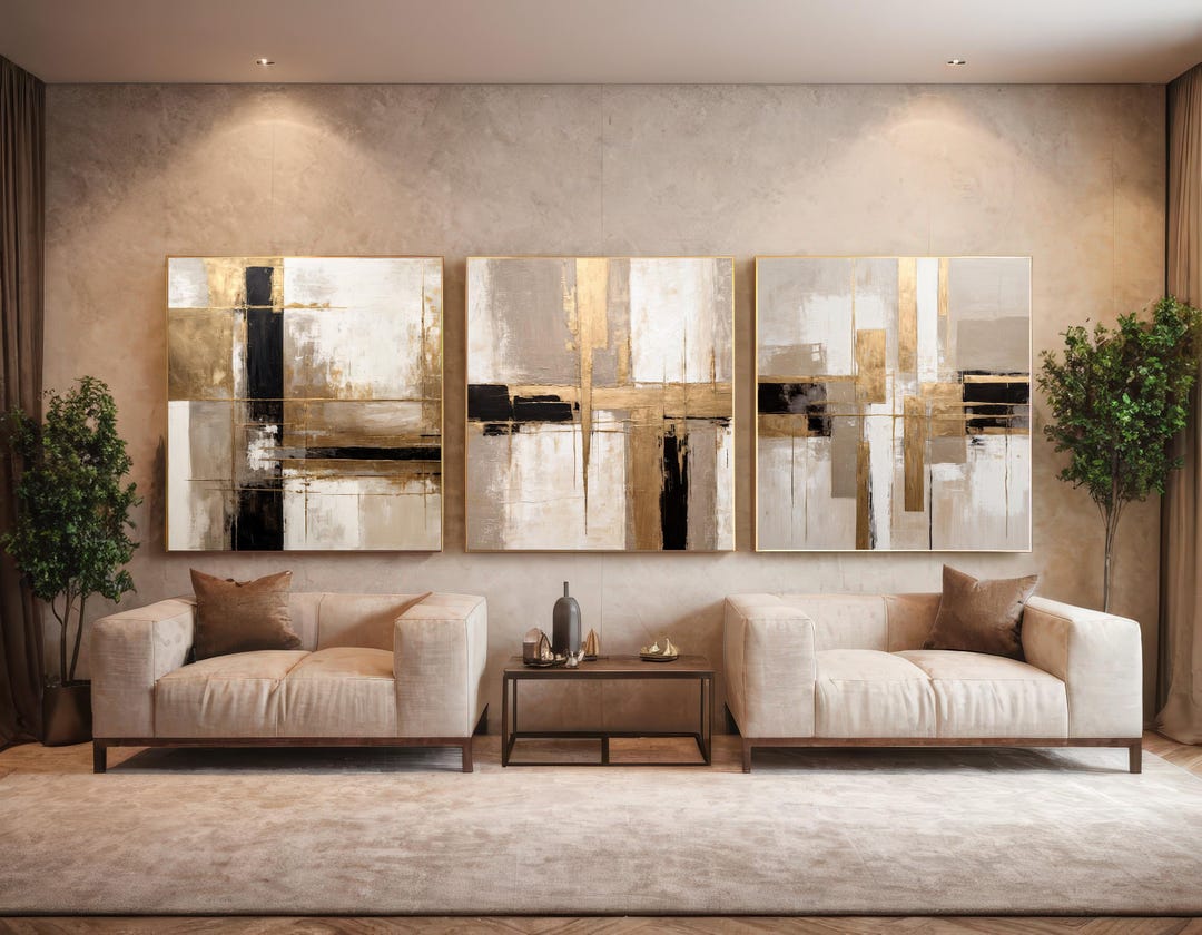 Abstract Art Prints – Set of 3 Beige, Black and Gold Decor, Instant ...
