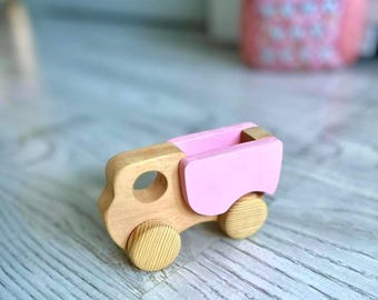 Handmade Pink Wooden Toy Truck • Montessori Toddler Vehicle