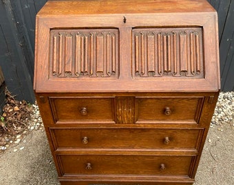 Vintage Bureau Writing Desk Pull Down Leaf Leather Inlay 3 Drawers Will Need Courier Or Collection ONLY - Please Read Full Description