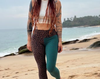 Leopard Leggings Damen high waist, gestreifte Leggings, Yoga Pants Baumwolle, Leo Muster Leggings, Leo Leggings braun, blaue Leggings