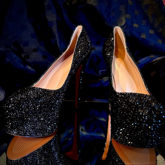 black sparkly dress shoes Rhinestone Platform Heels: Party on closure makes them bfcm2025 Cinched Pleated Waist Detail Size:Medium 15.5