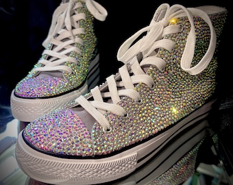 Crystallized Silver Hi-Top Sneakers, Hand-Embellished Rhinestone Trainers