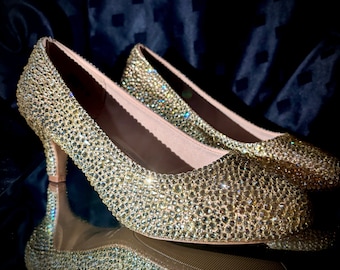 Champagne Rhinestone Wedding Shoes, Sparkly Low Heel