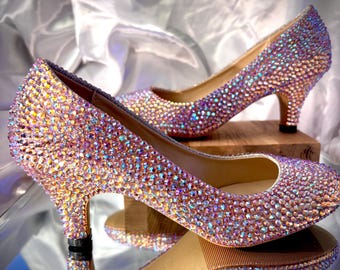 Light pink crystallised shoes//Champagne AB heels//low heeled wedding shoes