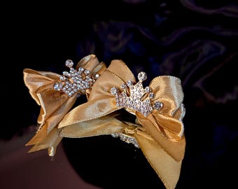 Gold Crown Shoe Clips: Rhinestone Tiara, Satin Ribbon