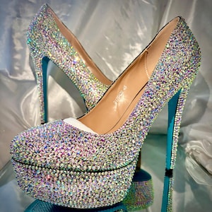 Silver high heels//silver shoes//silver rhinestone shoes//platform high heels//super high heels