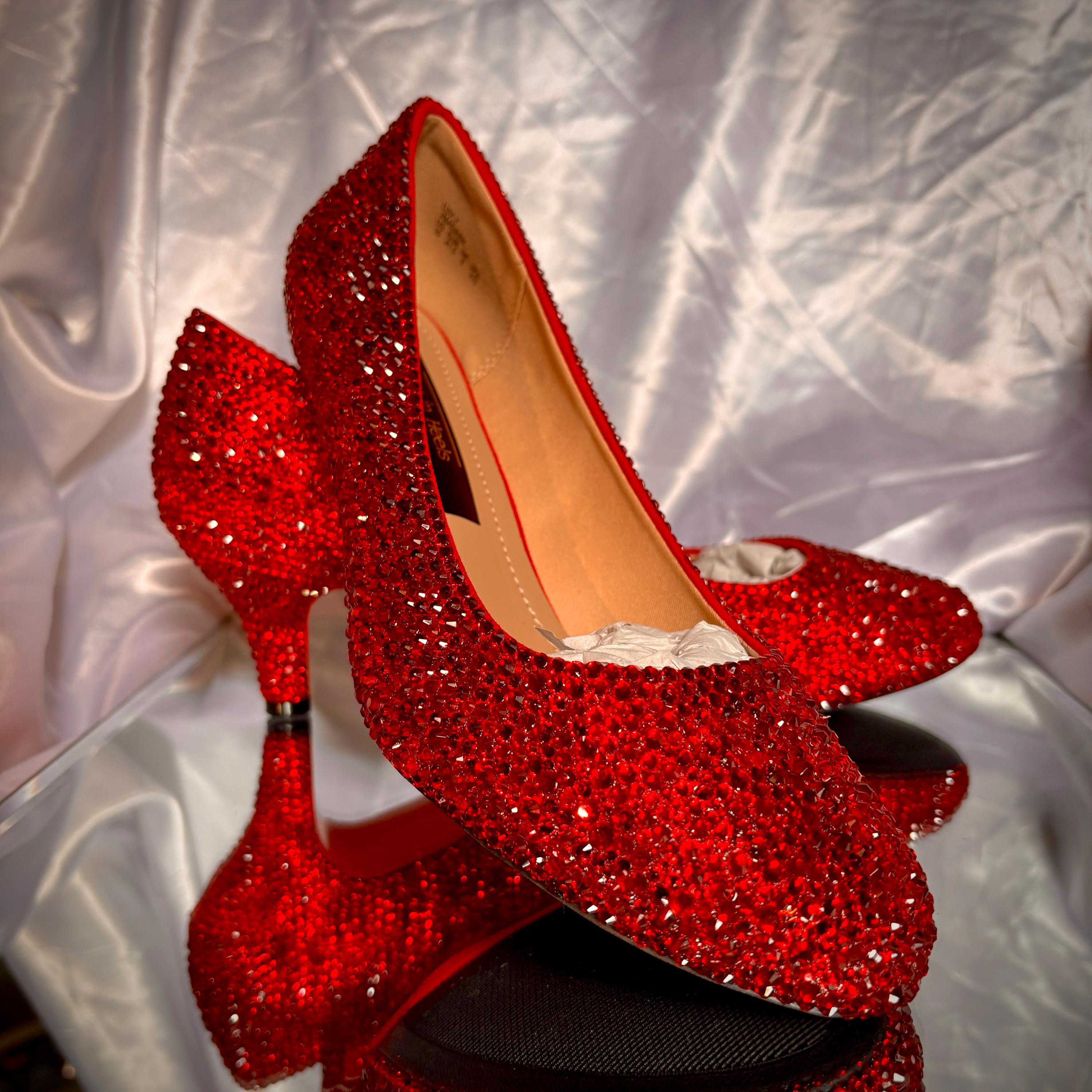 Red Rhinestone Kitten Heels, Sparkly Low Heel Shoes