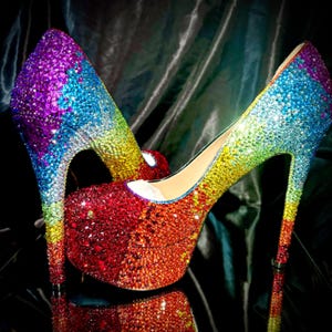 Rainbow extra high heels//rainbow shoes//rainbow rhinestone shoes//platform high heels//super high heels
