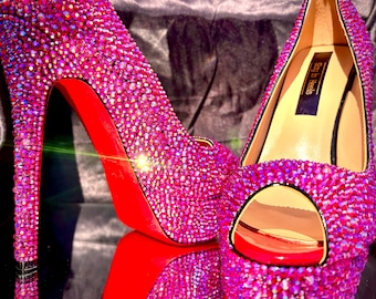 Hot Pink Rhinestone Peep Toe Heels, 6.3 inch