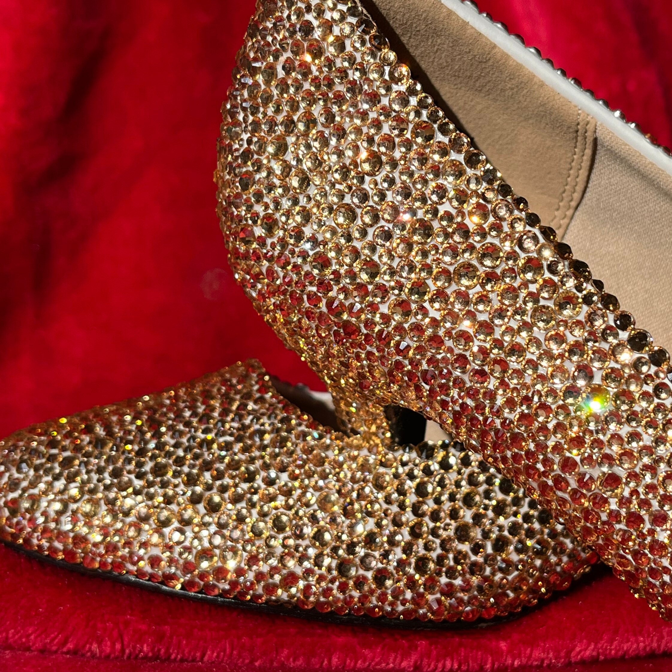 Gold Rhinestone Low Heel Wedding Shoes, Sparkly Crystallized Shoes