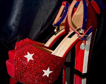 American Flag Peep Toe Heels: Crystallized Chunky Platform Shoes