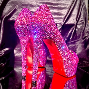 Hot pink AB peep toe heels//peep toe high heels//goddess glow high heels