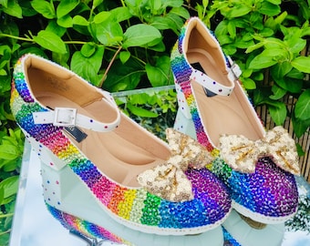 Rainbow Rhinestone Chunky Heel Mary Jane Shoes with Sequin Bow
