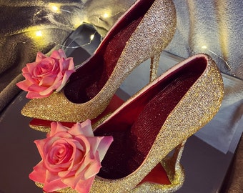 Handmade Rhinestone Red and Gold High Heels: Party Shoes with Rose Clip