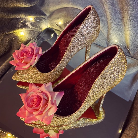 Handmade Rhinestone Red and Gold High Heels: Party Shoes with Rose Clip Handmade Rhinestone Red and Gold High Heels: Party Shoes with Rose Clip
