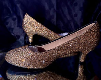 Gold Rhinestone Shoes//crystallised Shoes//wedding Shoes//low Heel