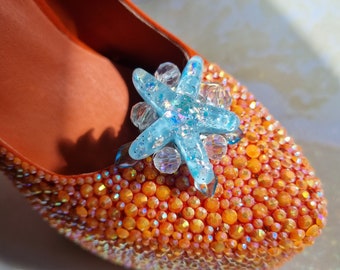 Starfish Shoe Clips: Turquoise Glitter Mermaid Shoes (2" Pair)