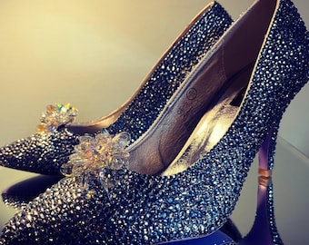 Blue crystallised heels//cinderella style shoes for wedding//blue sparkly shoes