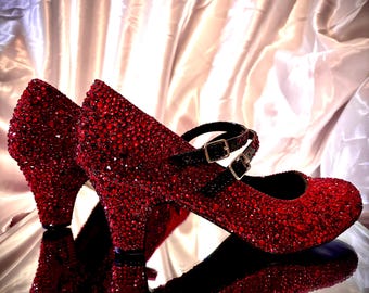 Crystallized Red Heels, Retro Sparkly Shoes, Chunky Low Heel