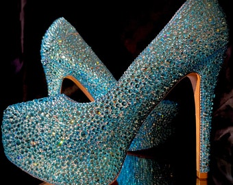 Blue crystallised high heels//special occasion shoes//luxury high heels