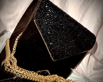 Crystallized Black Evening Clutch Bag with Gold Chain – Sophisticated Faux Suede Bag