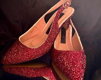 Red Crystal Slingback Heels: Pointed Toe, Rhinestone Sparkle