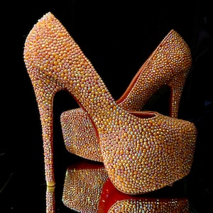 Orange high heels//orange shoes//orange rhinestone shoes//platform high heels