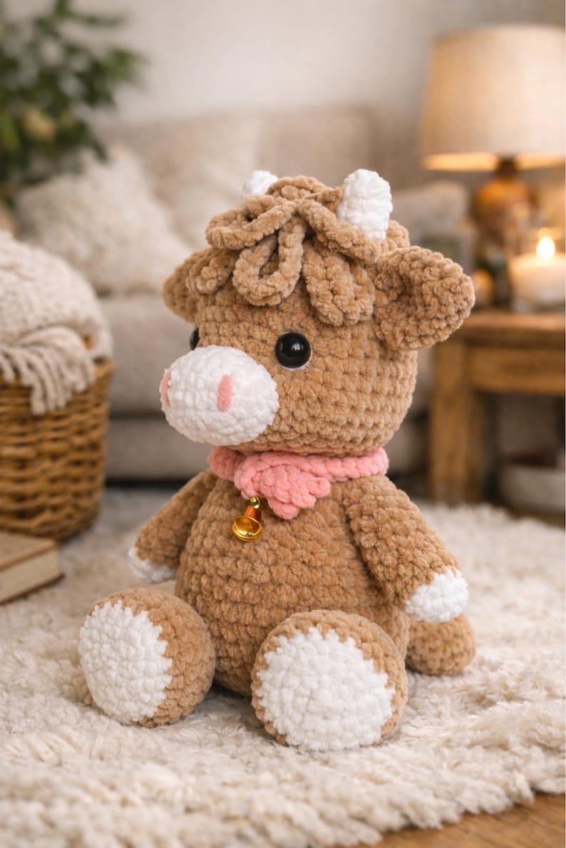 May include: A handmade brown crochet cow plushie with white accents on the face, feet, and horns. It has a pink scarf and a gold bell. The plushie is sitting on a white rug.