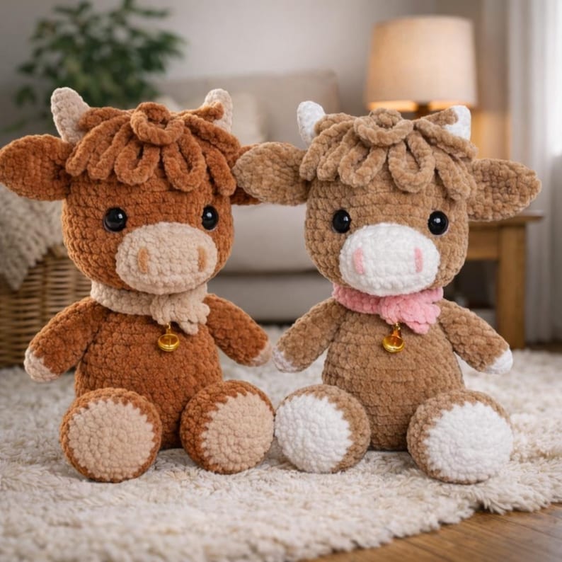 May include: Two plush crochet cow stuffed animals. One is brown with a tan muzzle and a tan scarf with a gold bell. The other is light brown with a pink scarf and a gold bell. Both have white horns and feet, and black eyes.