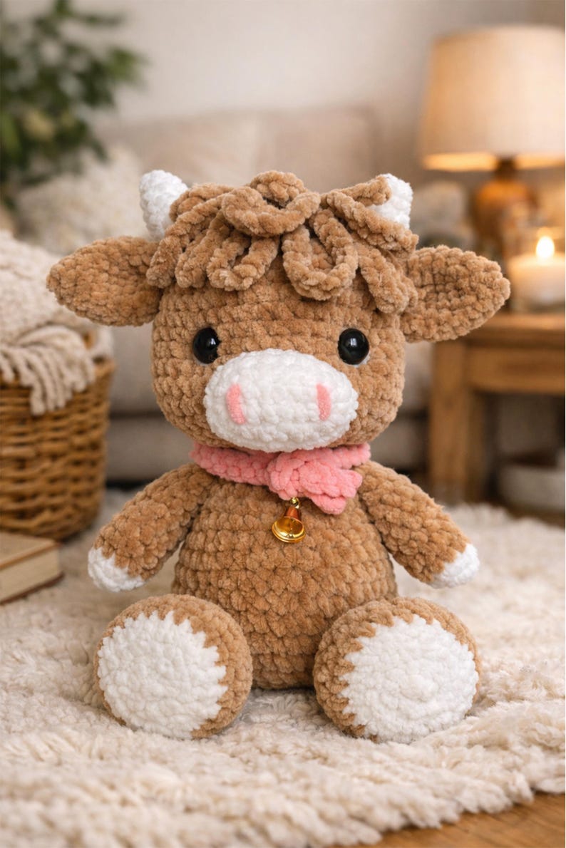 May include: A handmade, plush brown cow with white accents, a pink scarf, and a gold bell. The stuffed animal has large black eyes and is sitting on a white rug. The cow's horns and hooves are white. A cozy, decorative item.