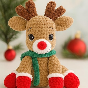 Low Sew Christmas Reindeer Crochet Pattern | Amigurumi PDF Tutorial | Plush Velvet Yarn Toy