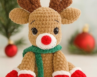 Low Sew Christmas Reindeer Crochet Pattern | Amigurumi PDF Tutorial | Plush Velvet Yarn Toy