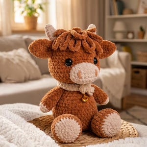 May include: A handcrafted, plush Highland cow stuffed animal. The cow features a brown body, cream-colored accents, and a cream-colored scarf with a gold bell. The cow is sitting on a woven mat.