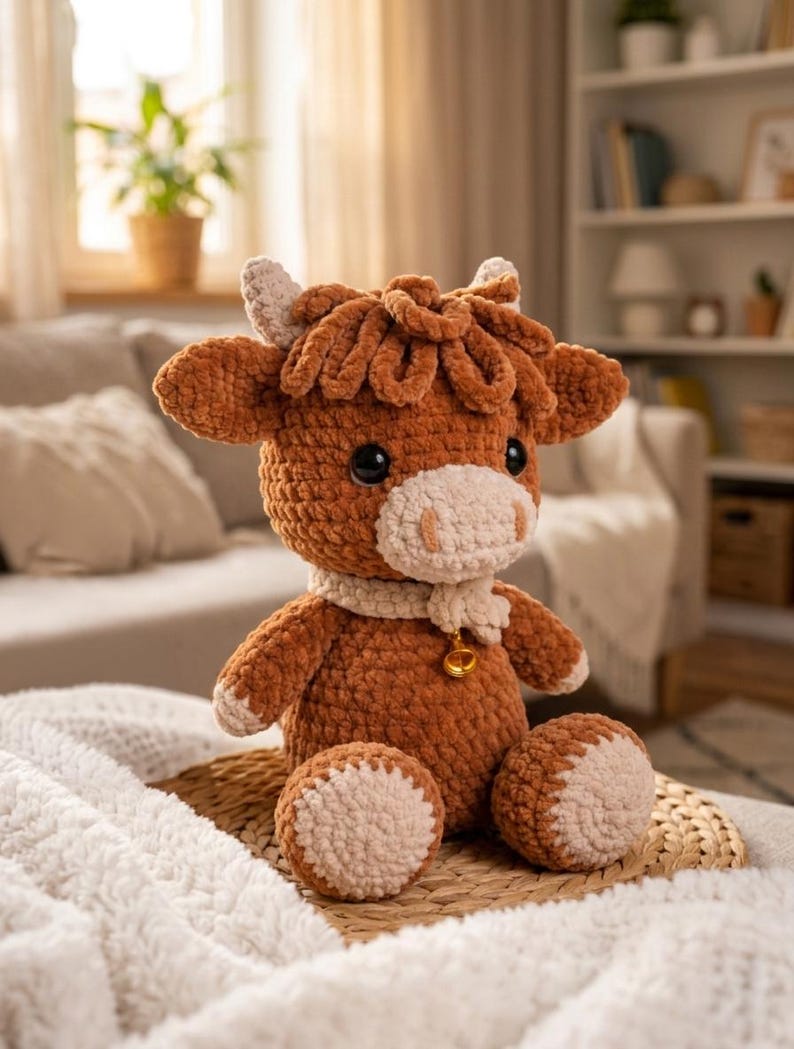 May include: A handcrafted, plush Highland cow stuffed animal. The cow features a brown body, cream-colored accents, and a cream-colored scarf with a gold bell. The cow is sitting on a woven mat.