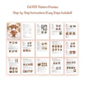May include: A preview of a PDF pattern with step-by-step instructions. The pattern includes images of a crocheted animal. The text at the top reads "Full PDF Pattern Preview" and "Step-by-Step Instructions (Easy Steps Included)".