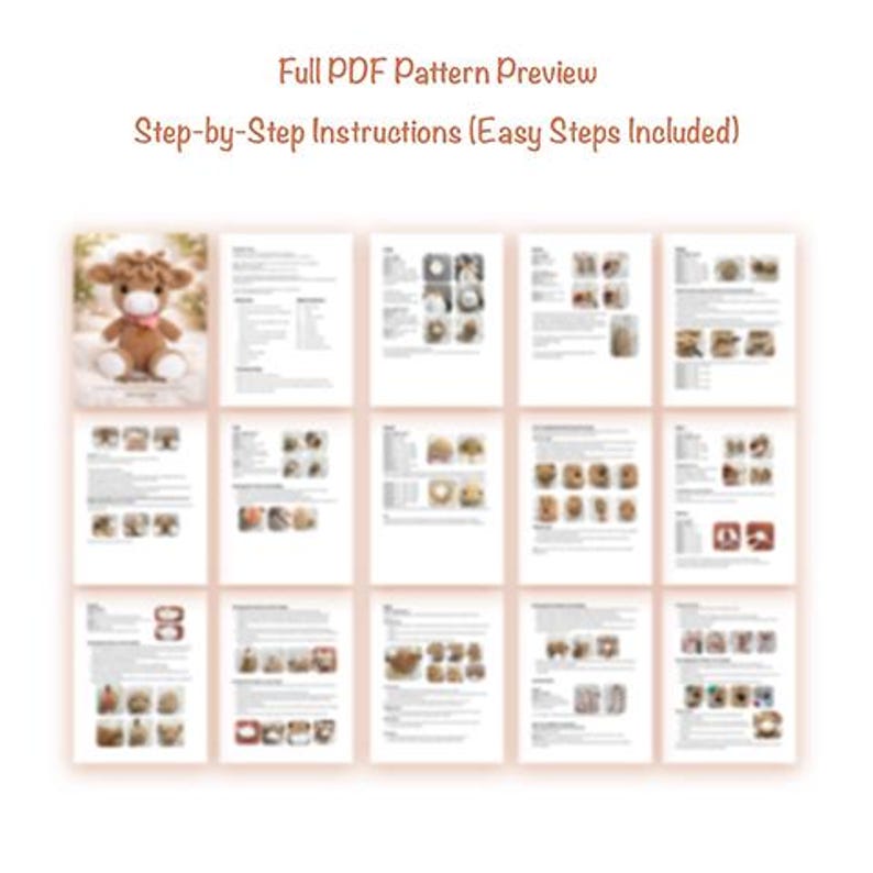 May include: A preview of a PDF pattern with step-by-step instructions. The pattern includes images of a crocheted animal. The text at the top reads "Full PDF Pattern Preview" and "Step-by-Step Instructions (Easy Steps Included)".