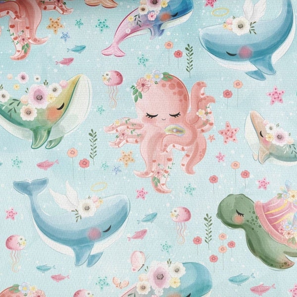 Sea Life Animals Fabric, Ocean Fabric by the Half Meter, Kids Nautical Beach Fabric - 100% Cotton - 59" (150 cm) wide