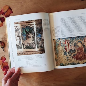 May include: Open book with the title "Mythical Reality" visible. The pages display illustrations of medieval art, including a unicorn and other figures. The book is open on a wooden surface, with dried petals scattered around.