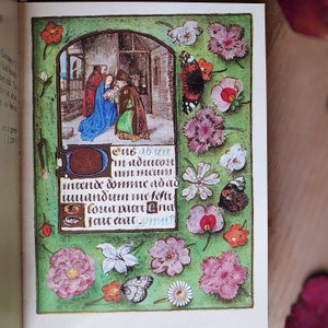 Puede incluir: P&aacute;gina de un manuscrito iluminado con una escena religiosa dentro de un borde verde. El borde est&aacute; adornado con flores y mariposas. El texto en lat&iacute;n es visible en la parte inferior de la p&aacute;gina.