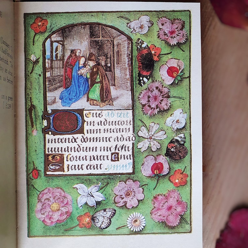 Puede incluir: P&aacute;gina de un manuscrito iluminado con una escena religiosa dentro de un borde verde. El borde est&aacute; adornado con flores y mariposas. El texto en lat&iacute;n es visible en la parte inferior de la p&aacute;gina.