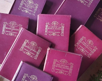 Vintage Thomas Hardy books. Lovely art nouveau leather bound copies in berry purple & gold. Gifts for your literary pal.